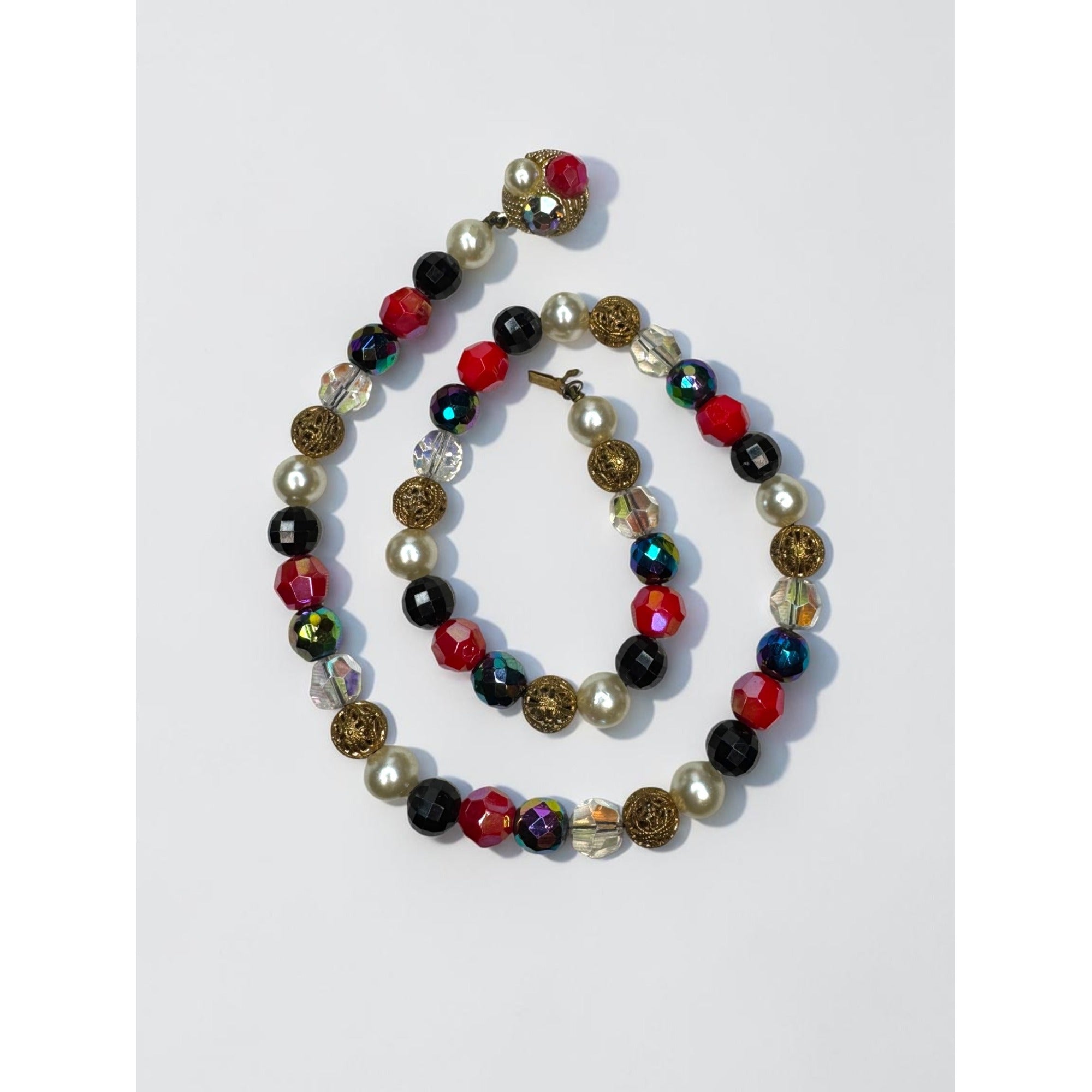 Multicolor Crystal Faux Pearl Beaded Necklace Earrings Set 1960s Vintage