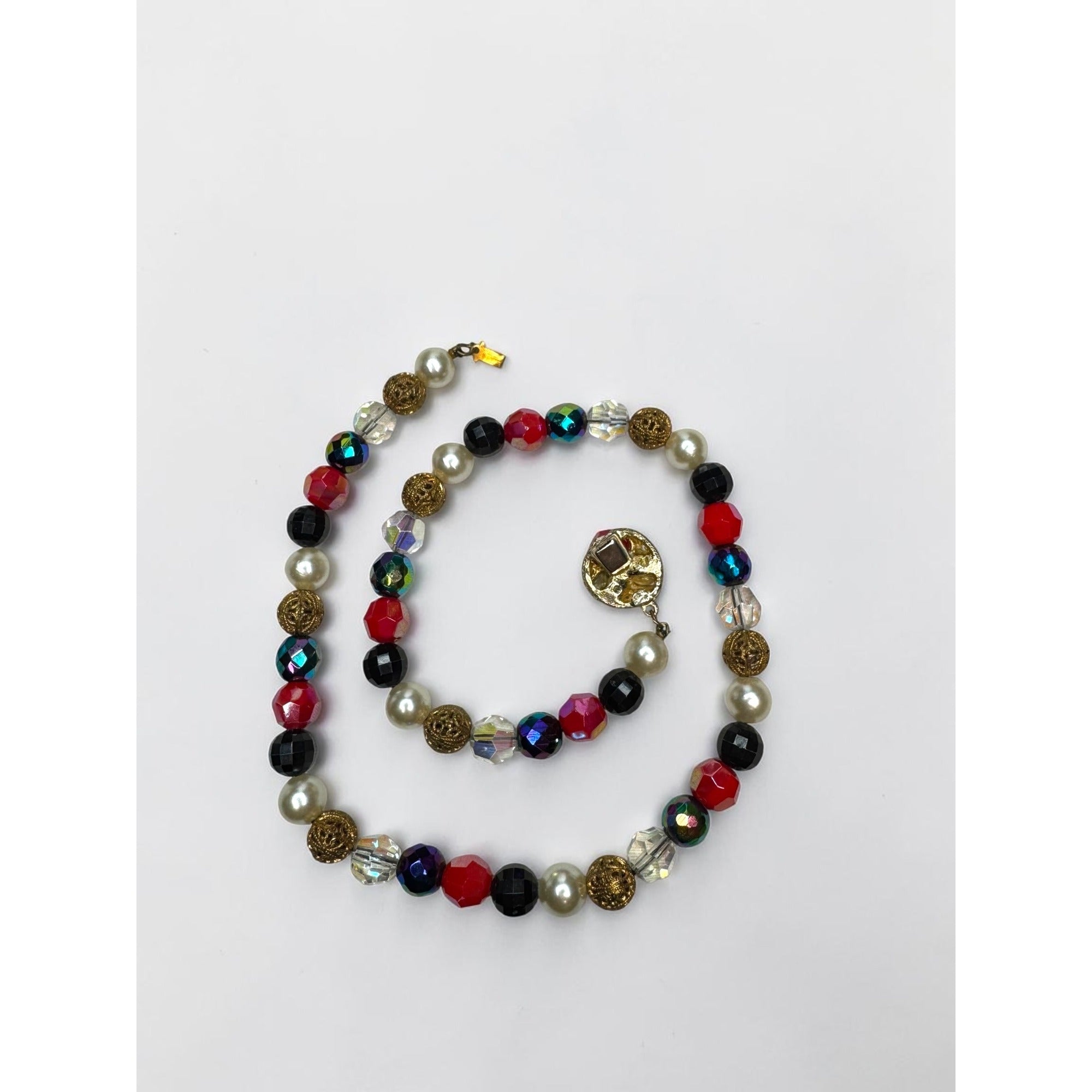 Multicolor Crystal Faux Pearl Beaded Necklace Earrings Set 1960s Vintage