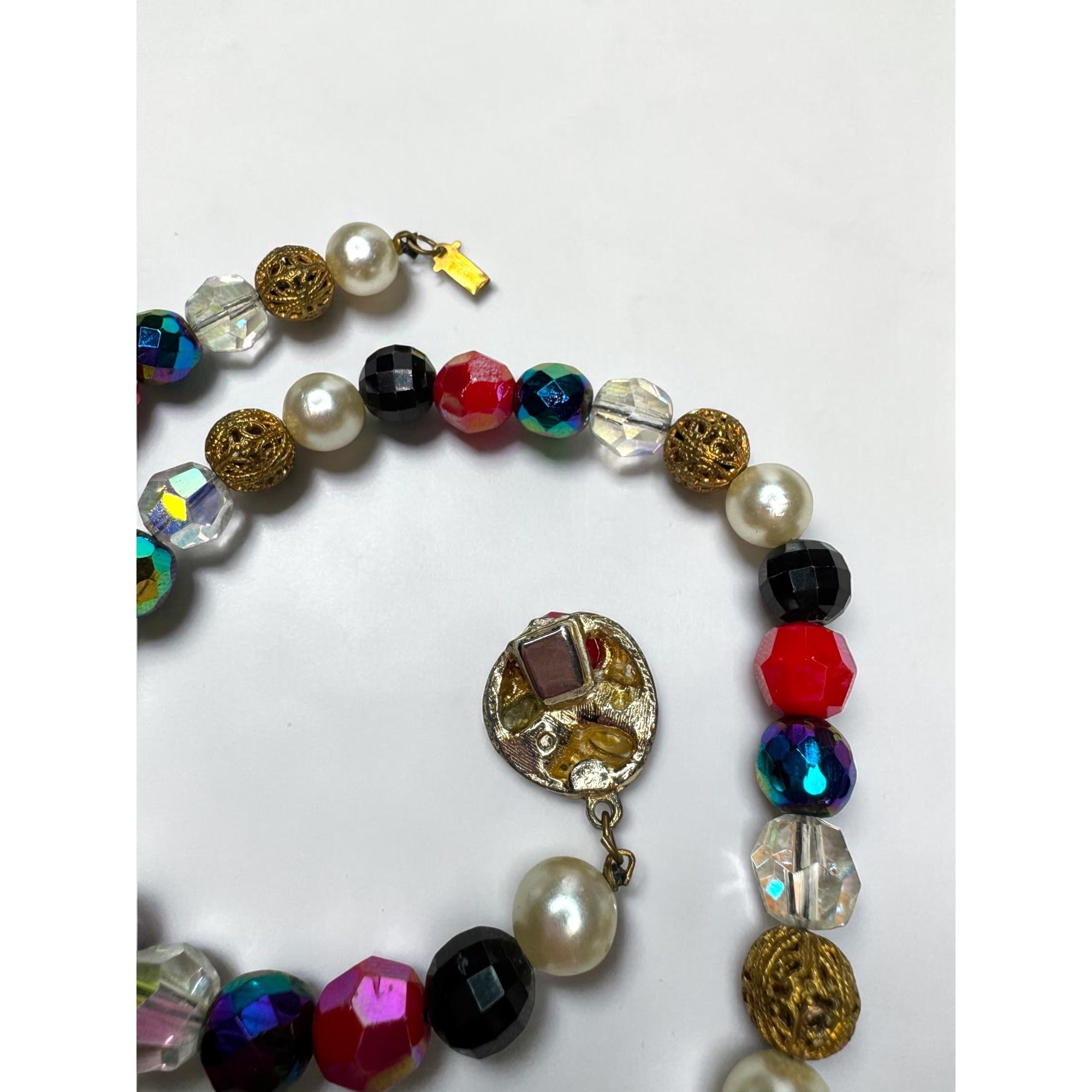 Multicolor Crystal Faux Pearl Beaded Necklace Earrings Set 1960s Vintage