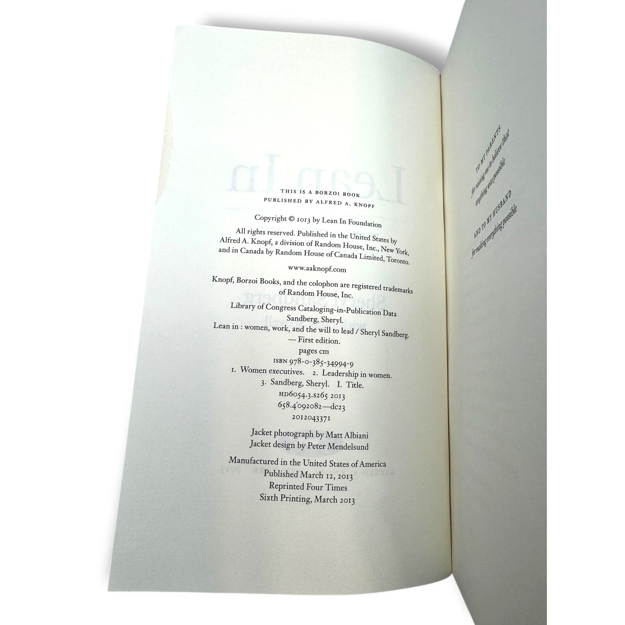 Lean In: Women Work And The Will To Lead By Sheryl Sandberg First Edition 2013