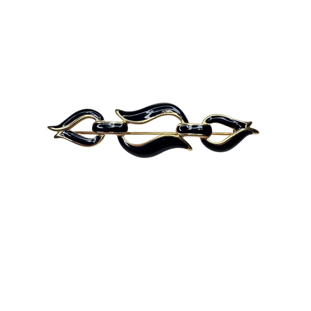 Monet Black Enamel Bar Brooch Gold Tone Abstract Ribbon 1980s Vintage