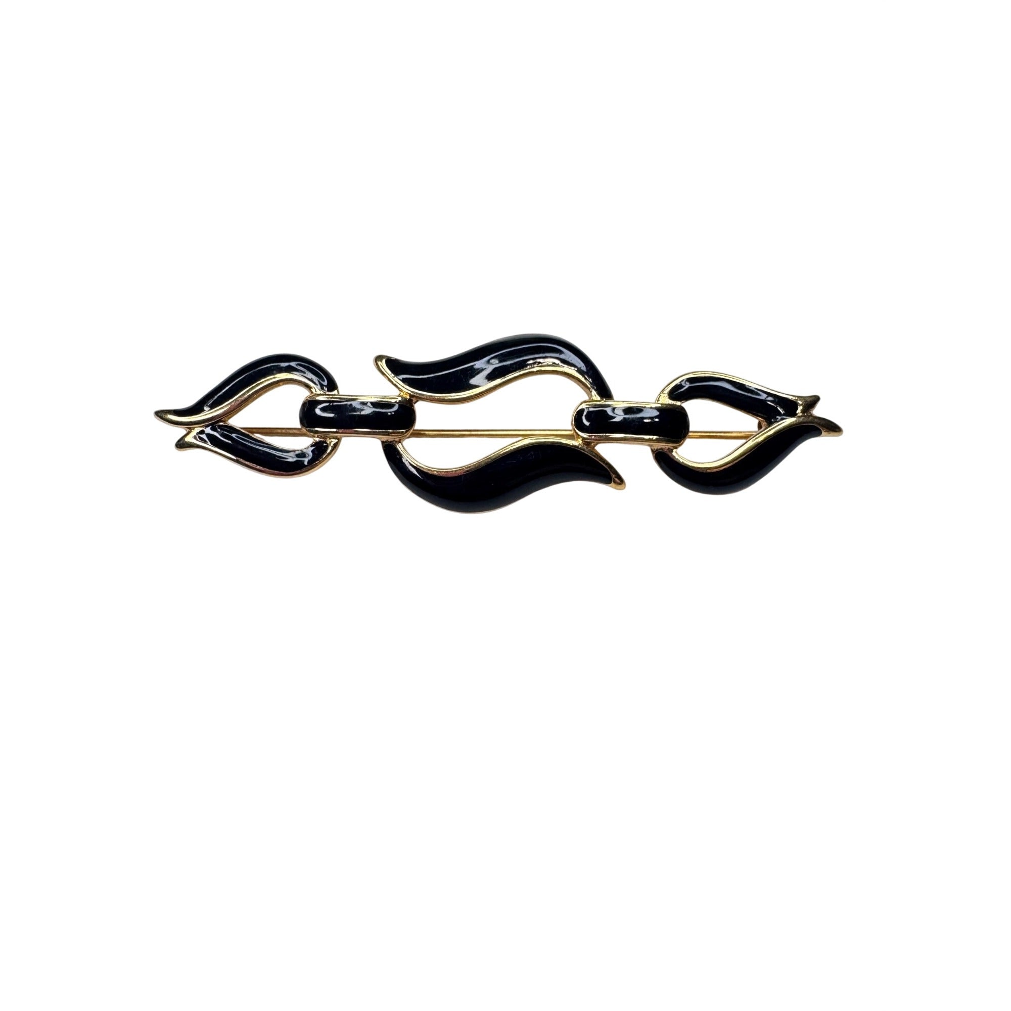 Monet Black Enamel Bar Brooch Gold Tone Abstract Ribbon 1980s Vintage