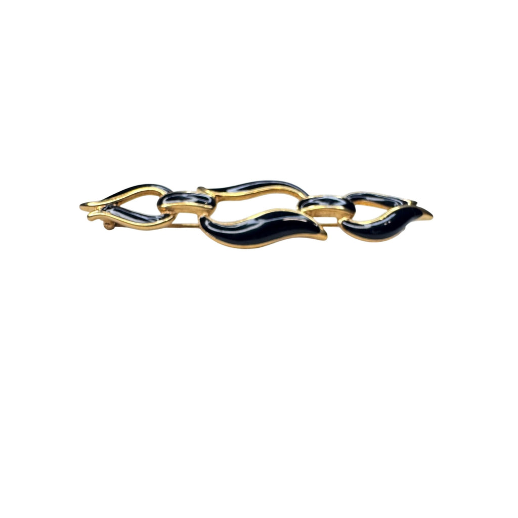 Monet Black Enamel Bar Brooch Gold Tone Abstract Ribbon 1980s Vintage
