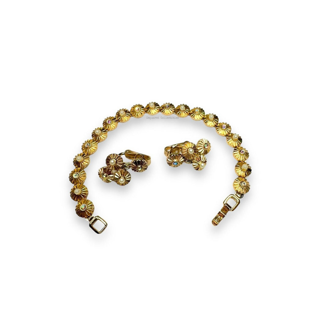 Crown Trifari 1960s Rosette Bracelet & Earrings Set Pearl AB Rhinestones Gold