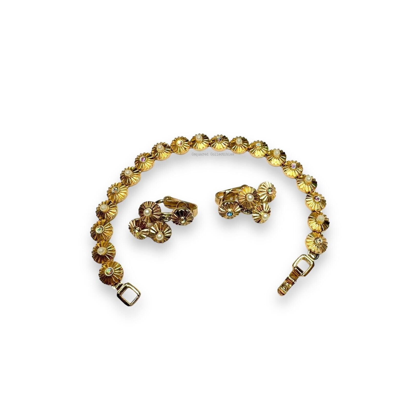 Crown Trifari 1960s Rosette Bracelet & Earrings Set Pearl AB Rhinestones Gold