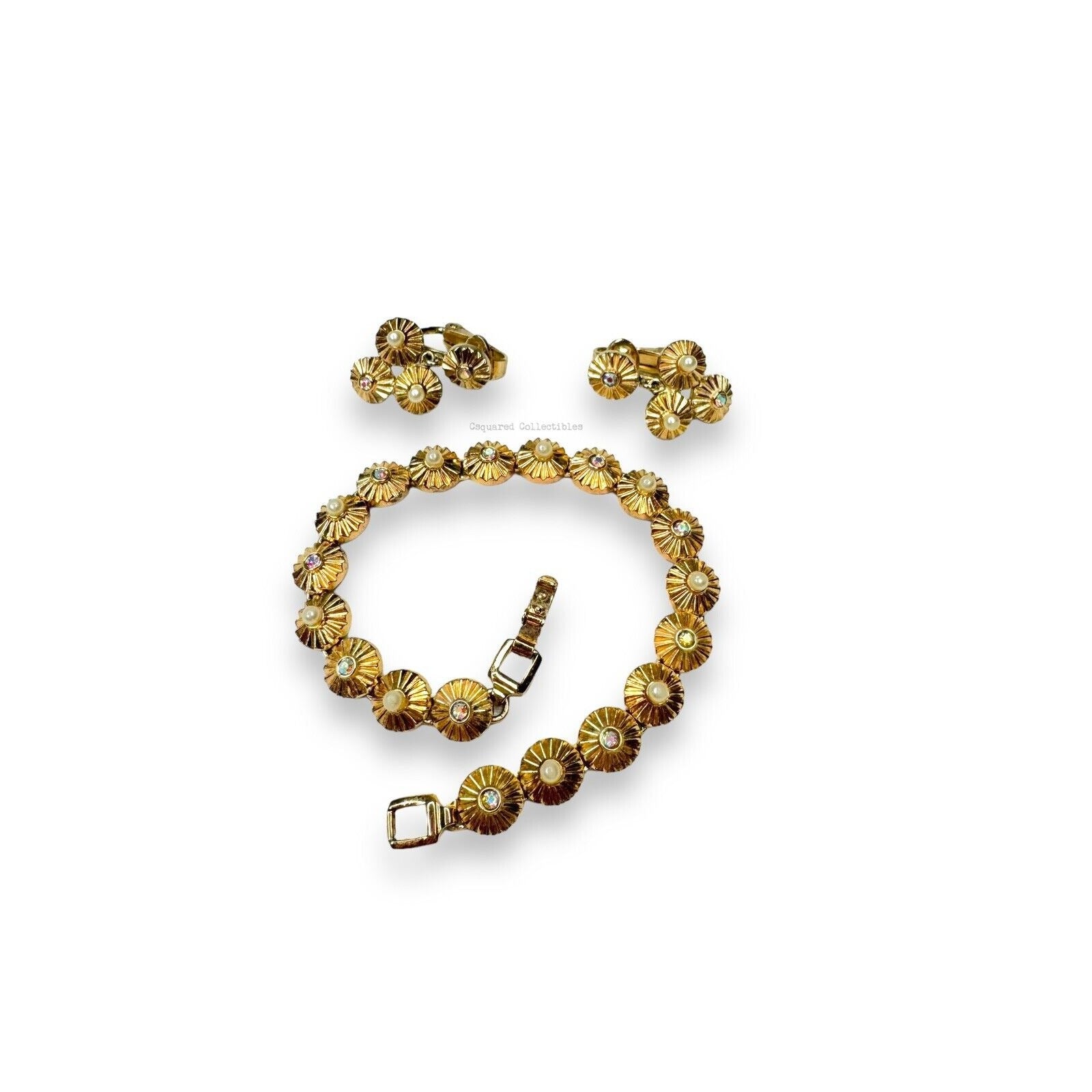 Crown Trifari 1960s Rosette Bracelet & Earrings Set Pearl AB Rhinestones Gold