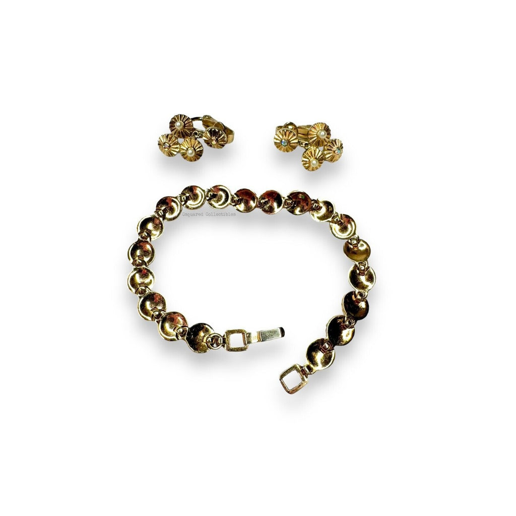 Crown Trifari 1960s Rosette Bracelet & Earrings Set Pearl AB Rhinestones Gold
