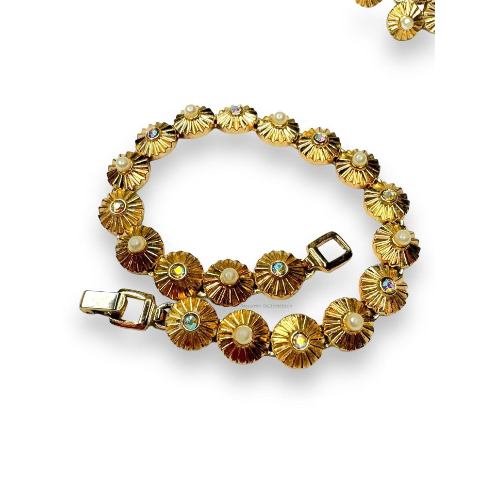 Crown Trifari 1960s Rosette Bracelet & Earrings Set Pearl AB Rhinestones Gold