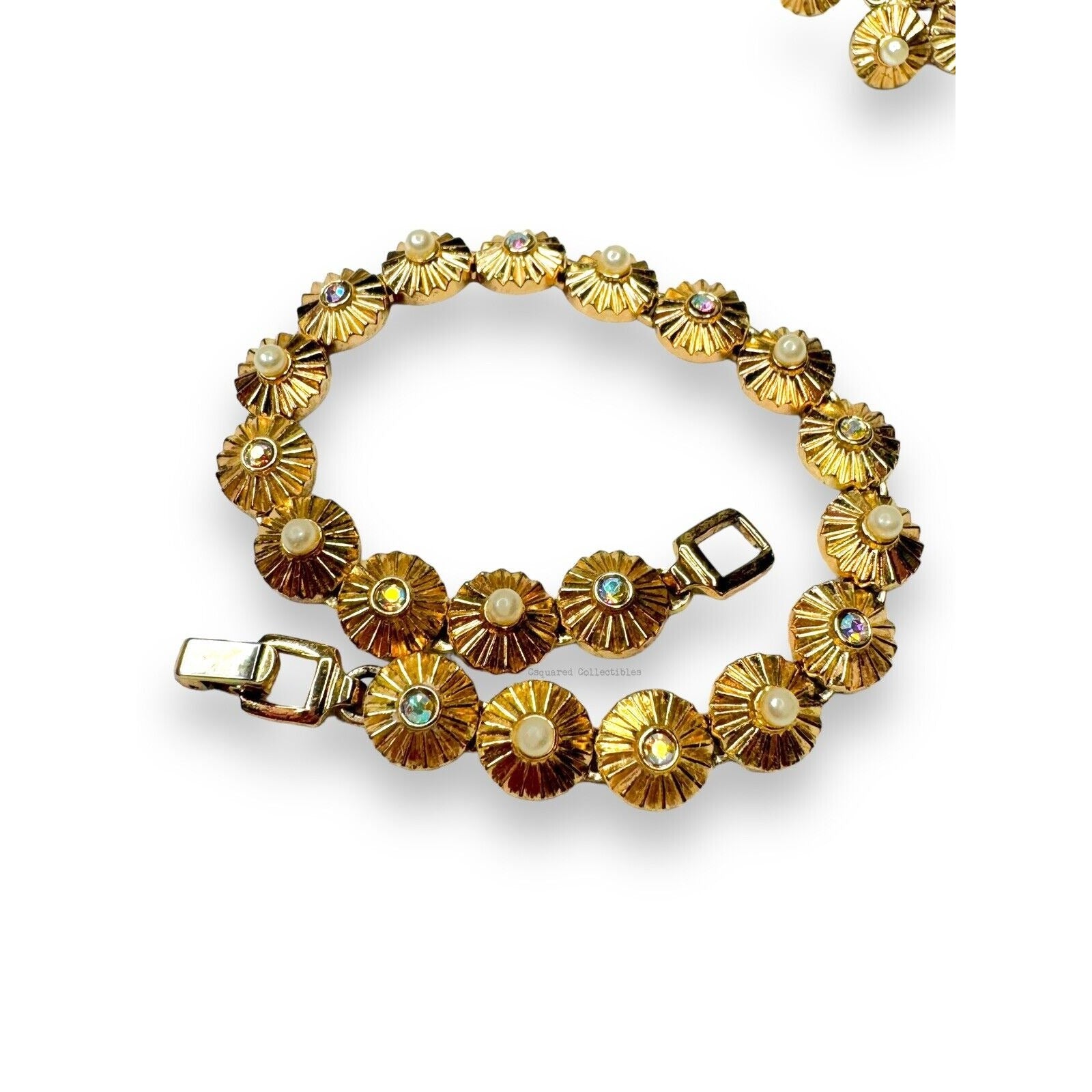 Crown Trifari 1960s Rosette Bracelet & Earrings Set Pearl AB Rhinestones Gold