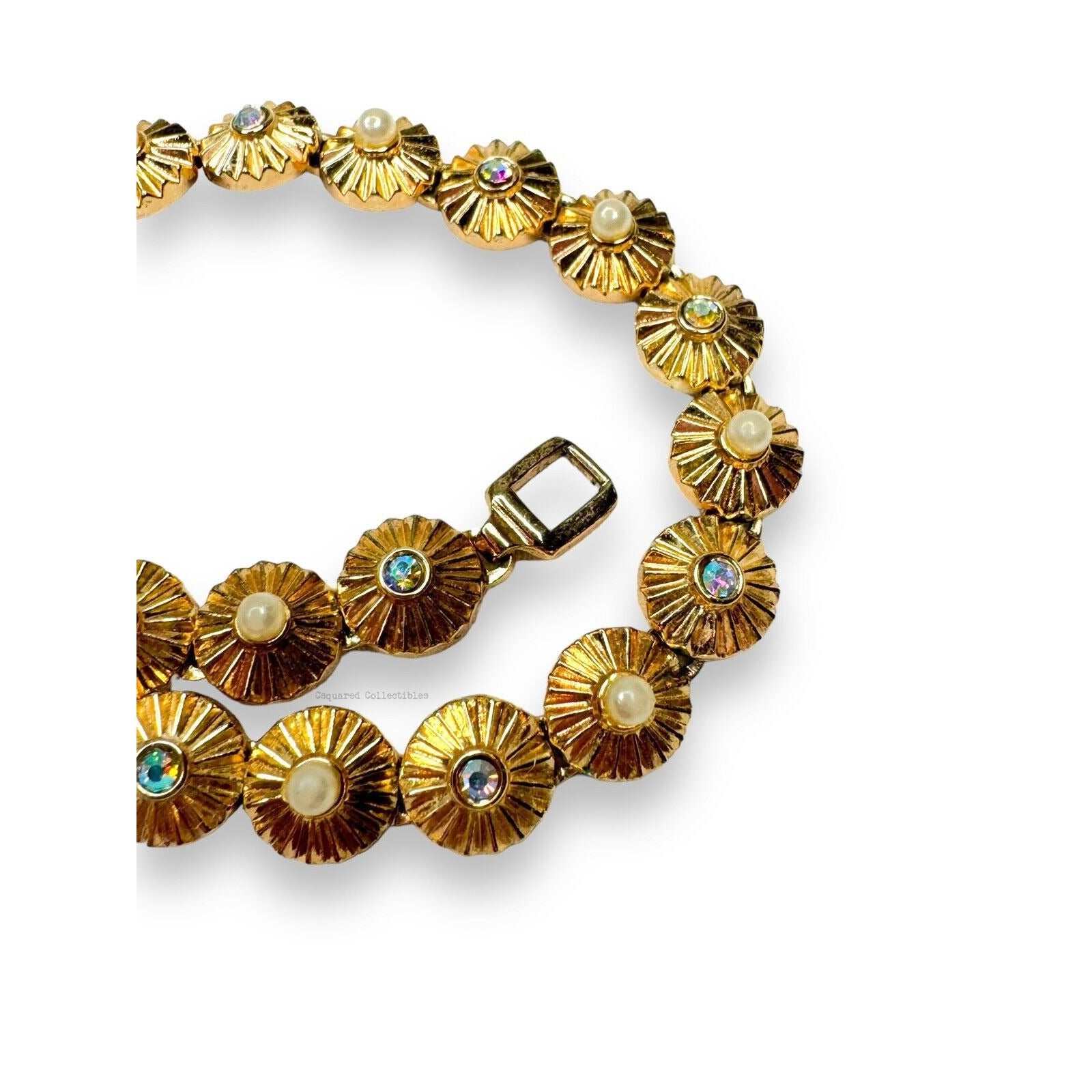 Crown Trifari 1960s Rosette Bracelet & Earrings Set Pearl AB Rhinestones Gold