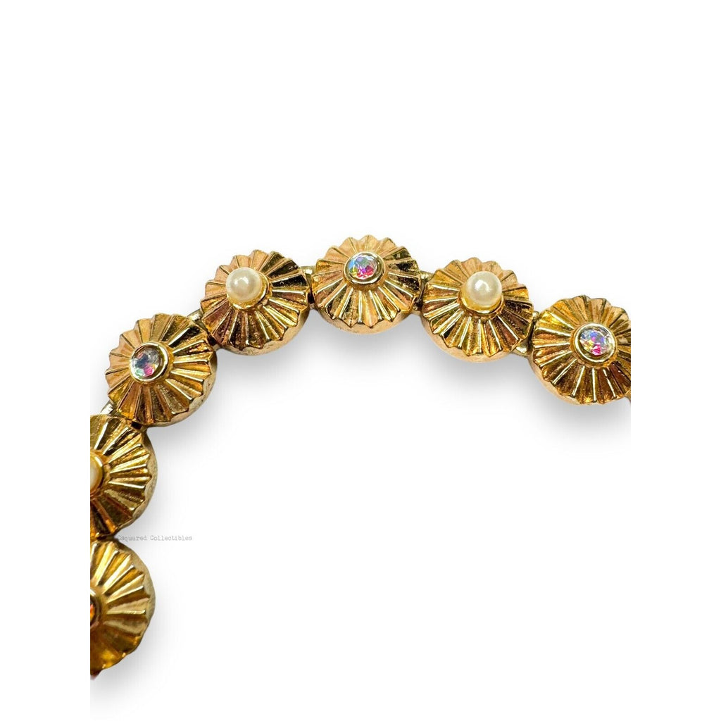 Crown Trifari 1960s Rosette Bracelet & Earrings Set Pearl AB Rhinestones Gold