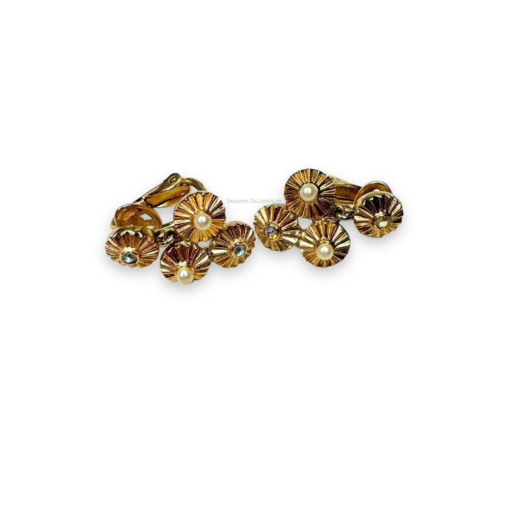 Crown Trifari 1960s Rosette Bracelet & Earrings Set Pearl AB Rhinestones Gold