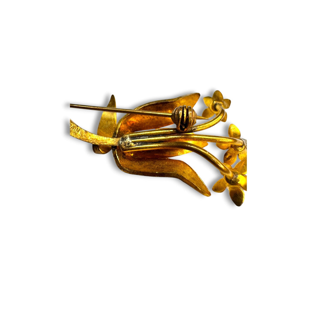 Spain Damascene Flower Pearl Brooch Mid Century 1950s Vintage