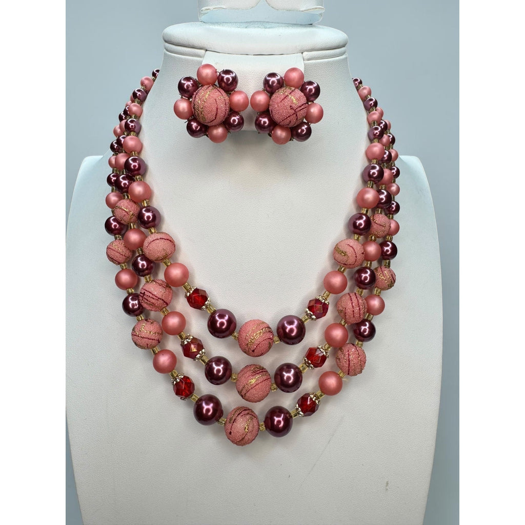 Japan Pink Burgundy Beaded Necklace Earrings Set 1950s Vintage Mid Century