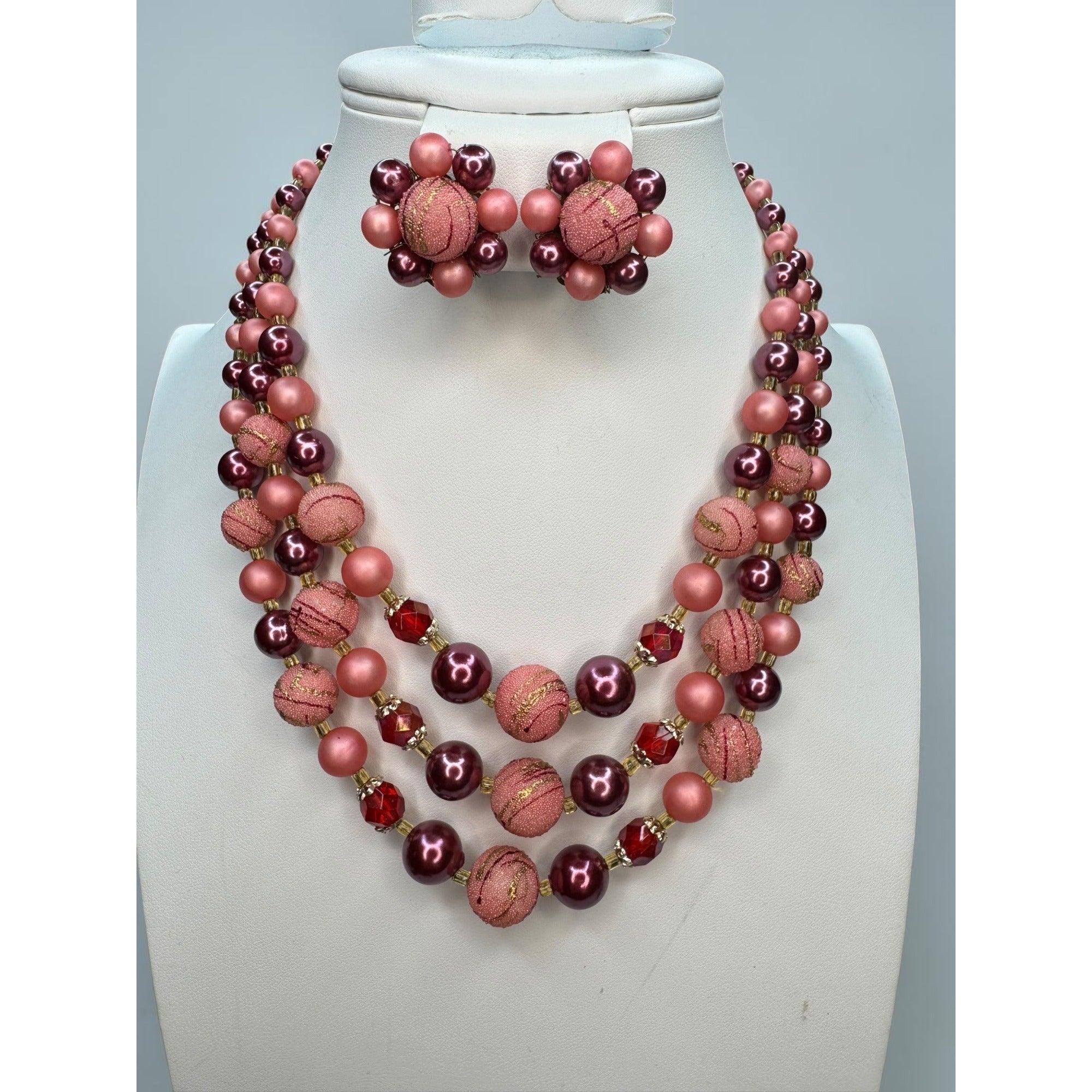 Japan Pink Burgundy Beaded Necklace Earrings Set 1950s Vintage Mid Century