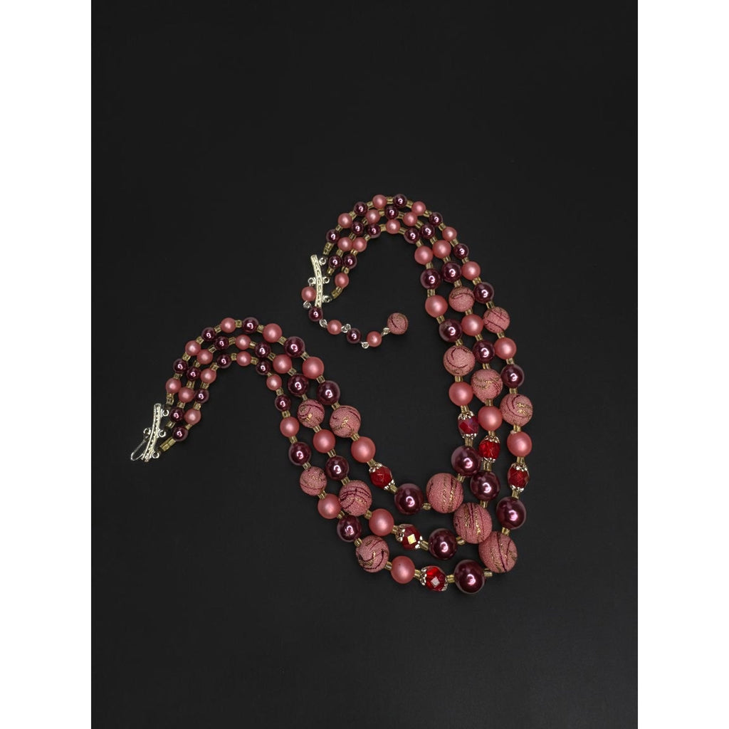 Japan Pink Burgundy Beaded Necklace Earrings Set 1950s Vintage Mid Century