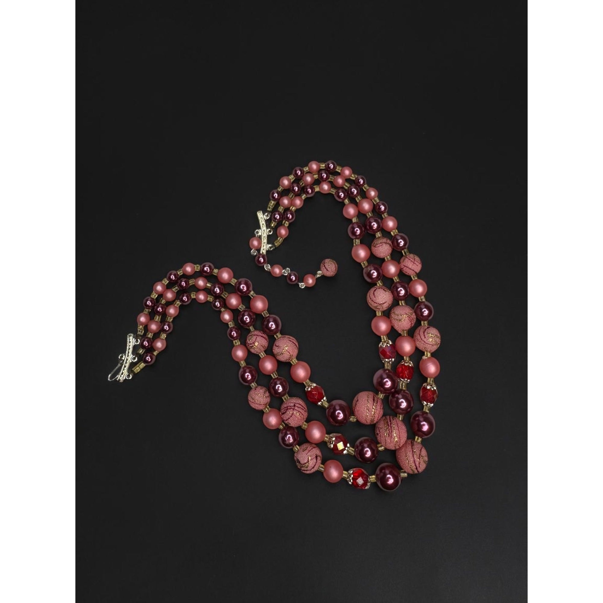 Japan Pink Burgundy Beaded Necklace Earrings Set 1950s Vintage Mid Century