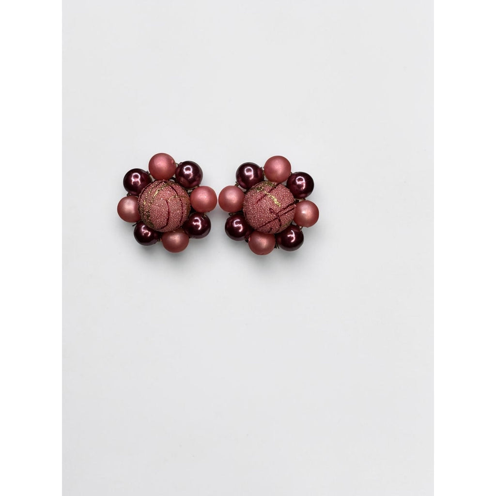 Japan Pink Burgundy Beaded Necklace Earrings Set 1950s Vintage Mid Century