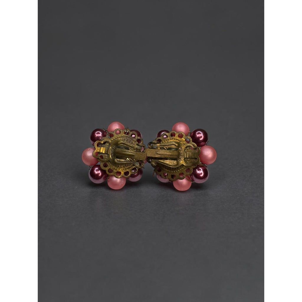 Japan Pink Burgundy Beaded Necklace Earrings Set 1950s Vintage Mid Century