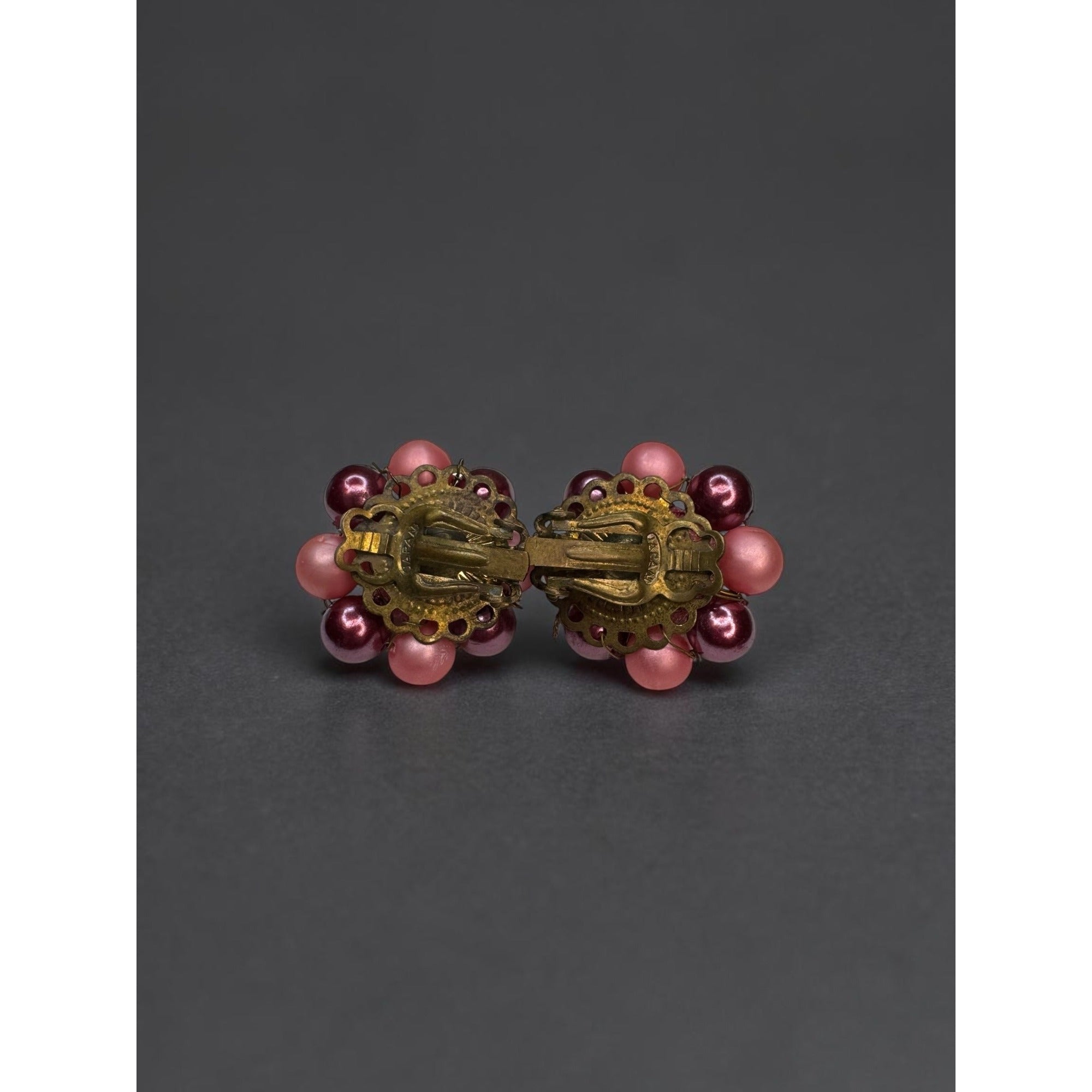 Japan Pink Burgundy Beaded Necklace Earrings Set 1950s Vintage Mid Century