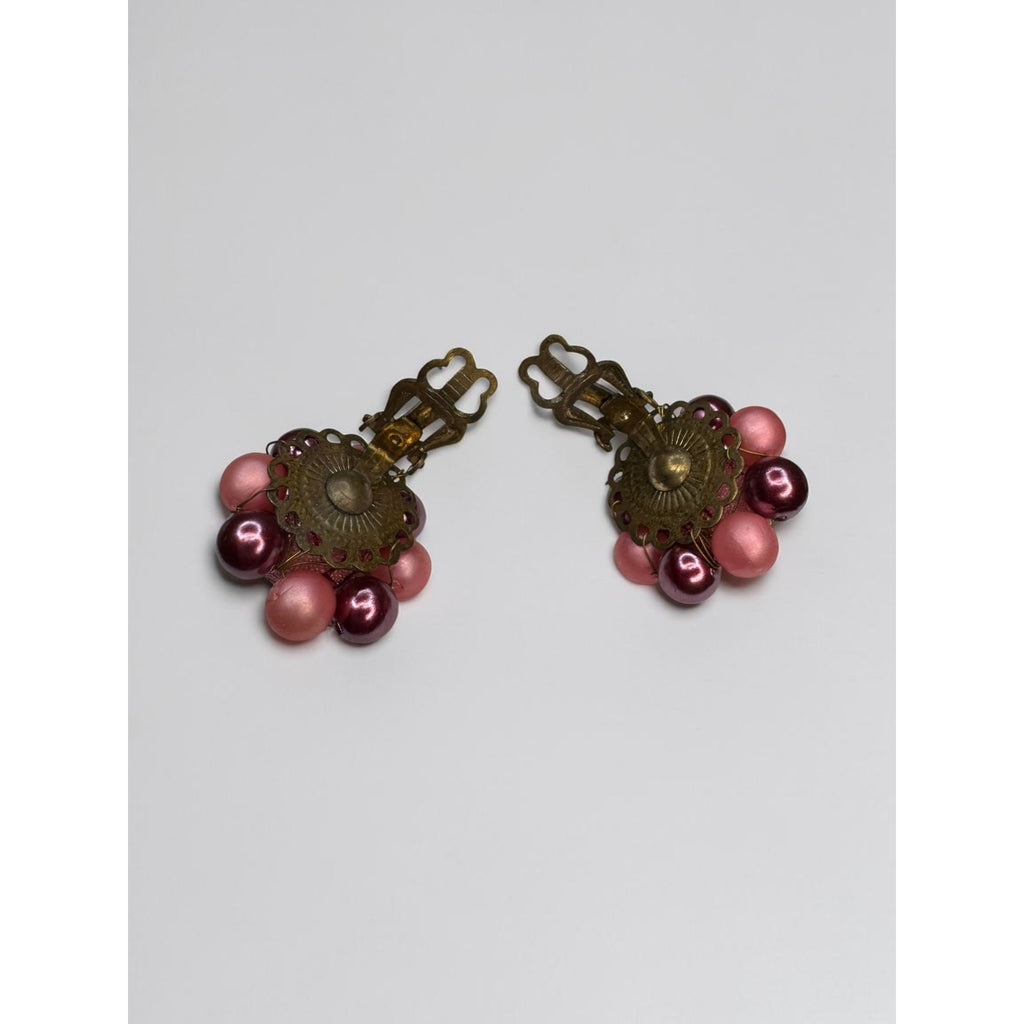 Japan Pink Burgundy Beaded Necklace Earrings Set 1950s Vintage Mid Century