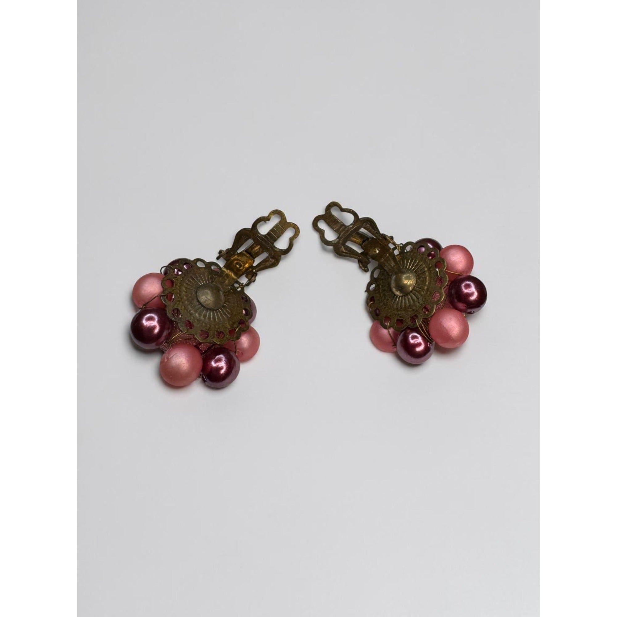 Japan Pink Burgundy Beaded Necklace Earrings Set 1950s Vintage Mid Century