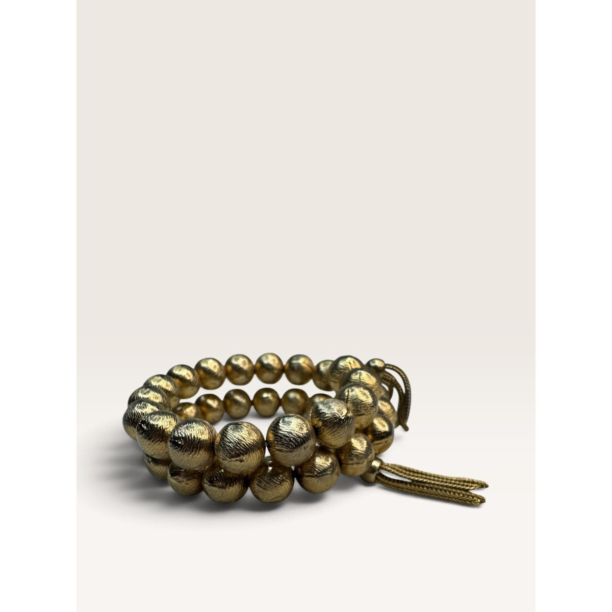 1960s Textured Gold Tone Brushed Ball Bead Wrap Memory Wire Tassel Bracelet