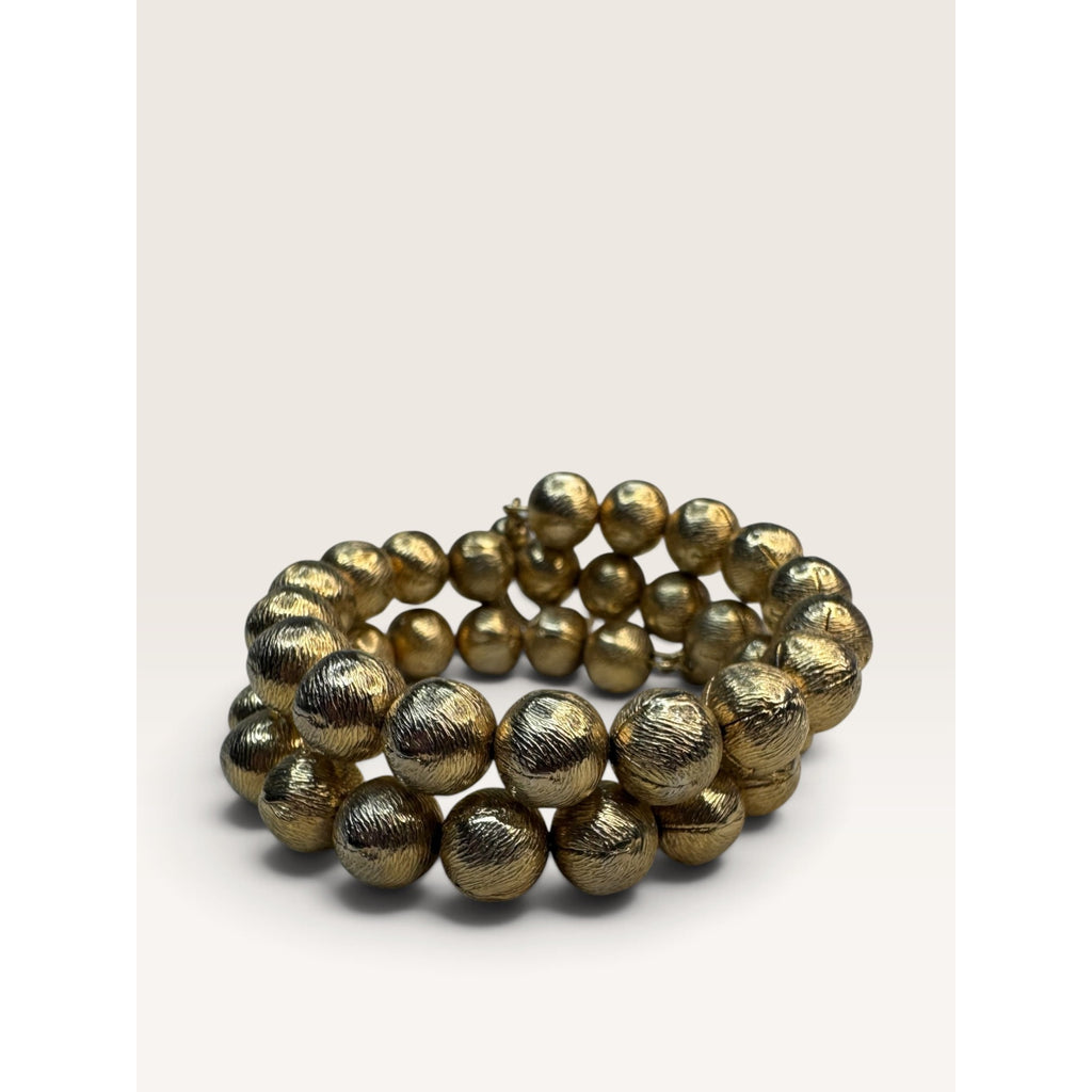 1960s Textured Gold Tone Brushed Ball Bead Wrap Memory Wire Tassel Bracelet