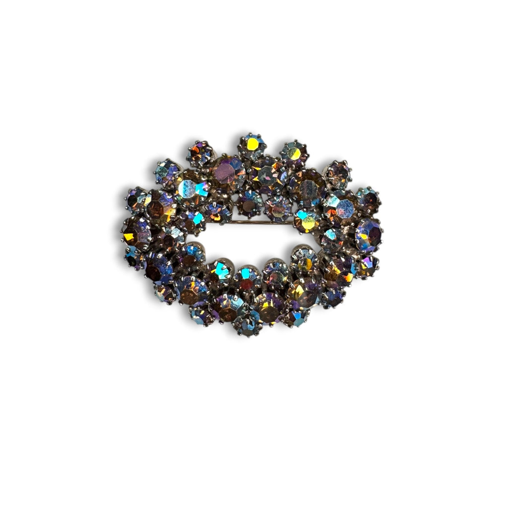 Blue AB Crystal Oval Wreath Brooch Prong Set Silver Tone Pin Stop 1950s Vintage