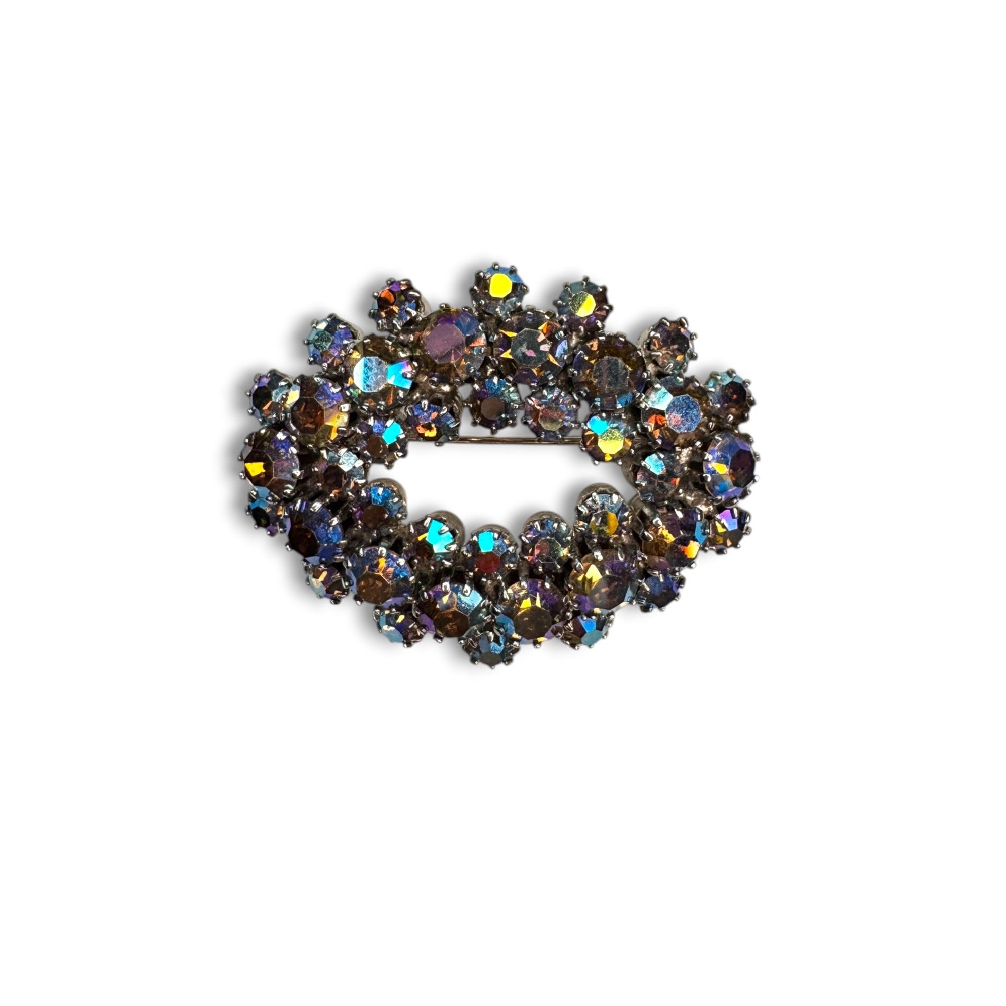 Blue AB Crystal Oval Wreath Brooch Prong Set Silver Tone Pin Stop 1950s Vintage