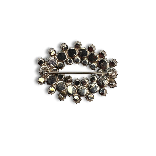 Blue AB Crystal Oval Wreath Brooch Prong Set Silver Tone Pin Stop 1950s Vintage