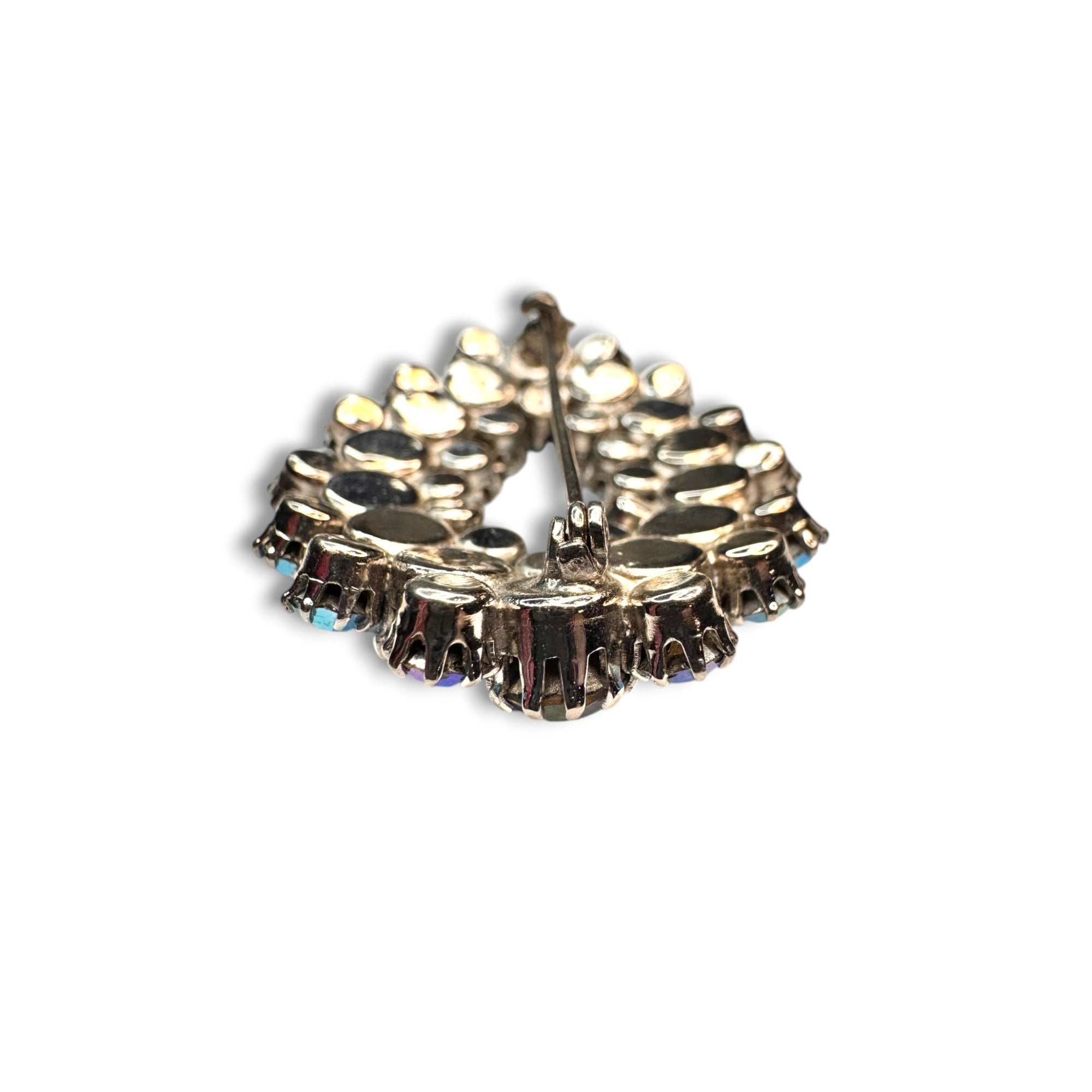 Blue AB Crystal Oval Wreath Brooch Prong Set Silver Tone Pin Stop 1950s Vintage