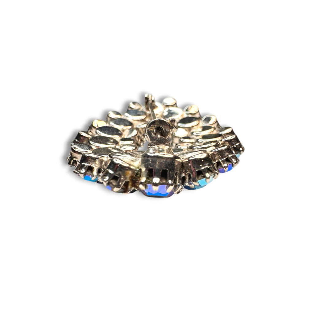 Blue AB Crystal Oval Wreath Brooch Prong Set Silver Tone Pin Stop 1950s Vintage