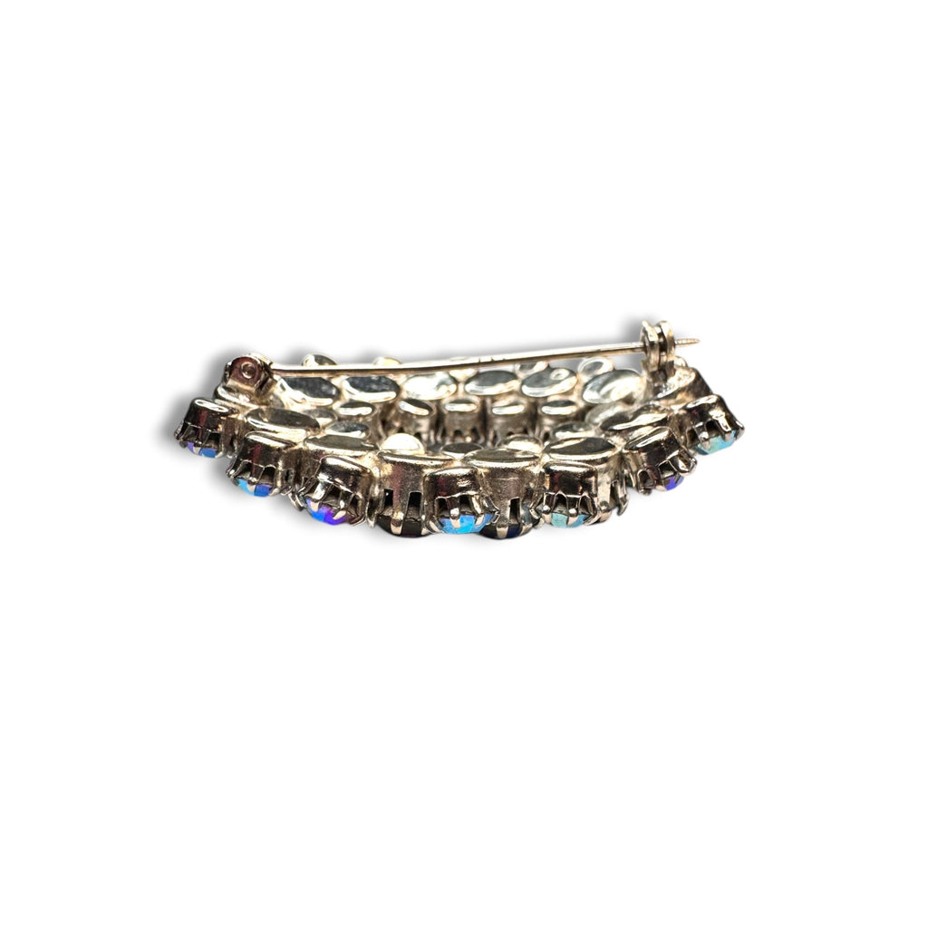 Blue AB Crystal Oval Wreath Brooch Prong Set Silver Tone Pin Stop 1950s Vintage