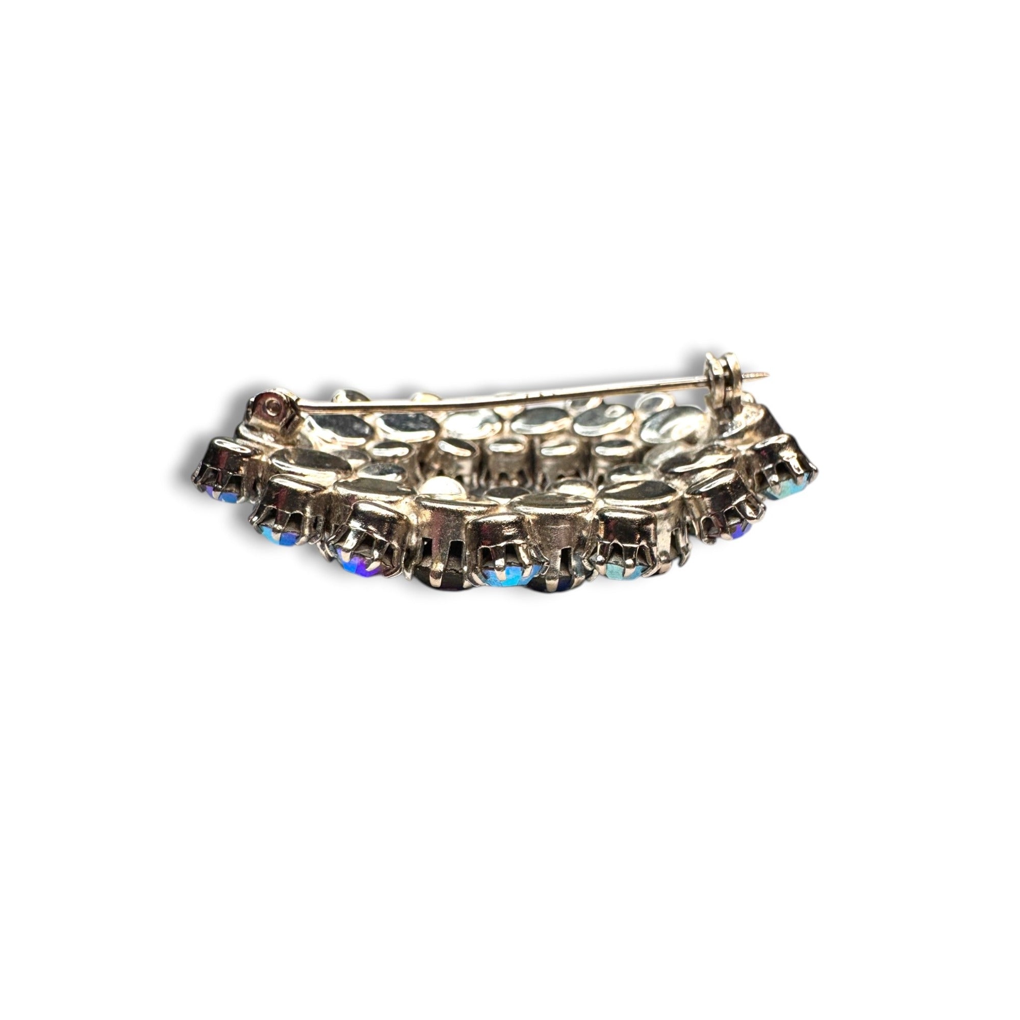 Blue AB Crystal Oval Wreath Brooch Prong Set Silver Tone Pin Stop 1950s Vintage