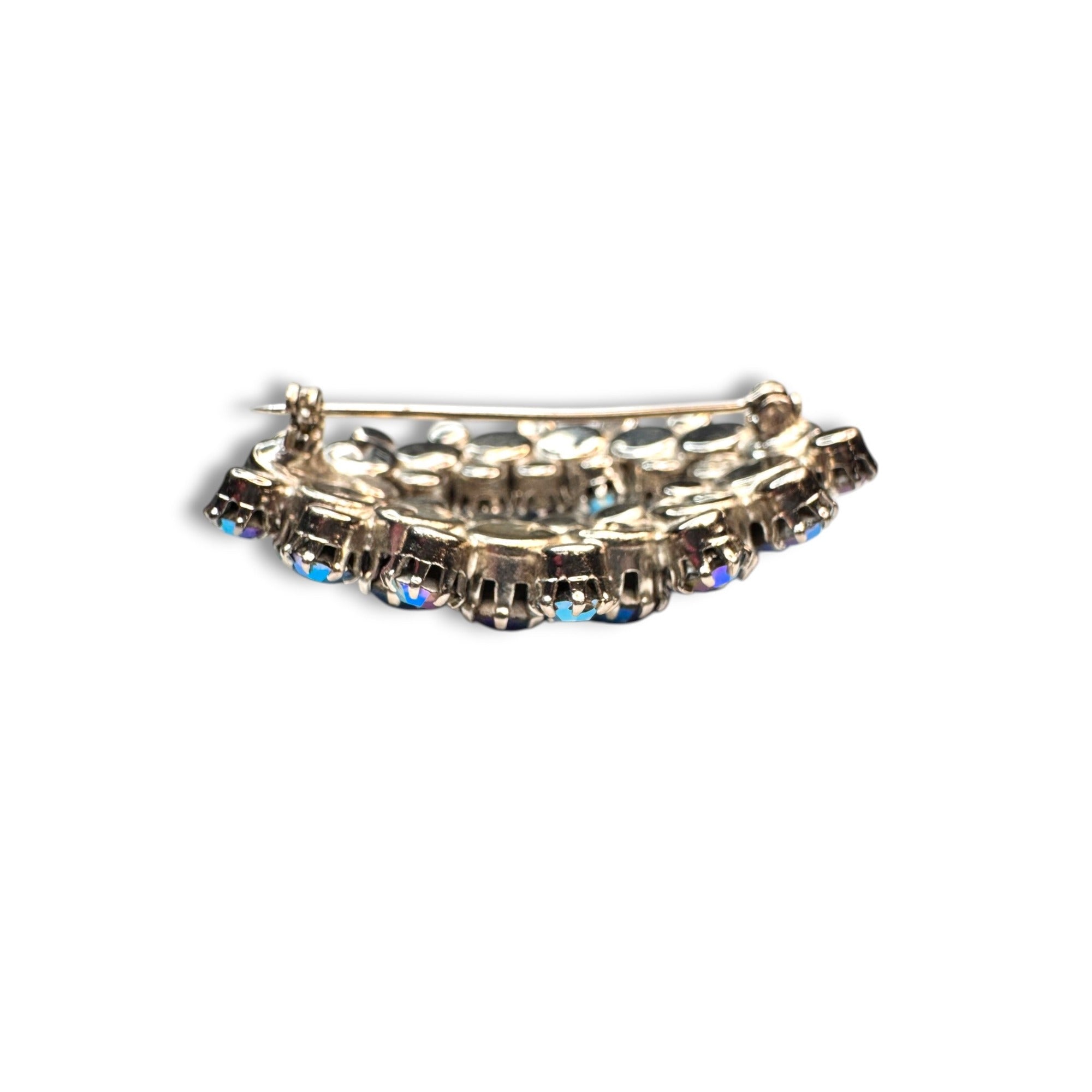 Blue AB Crystal Oval Wreath Brooch Prong Set Silver Tone Pin Stop 1950s Vintage