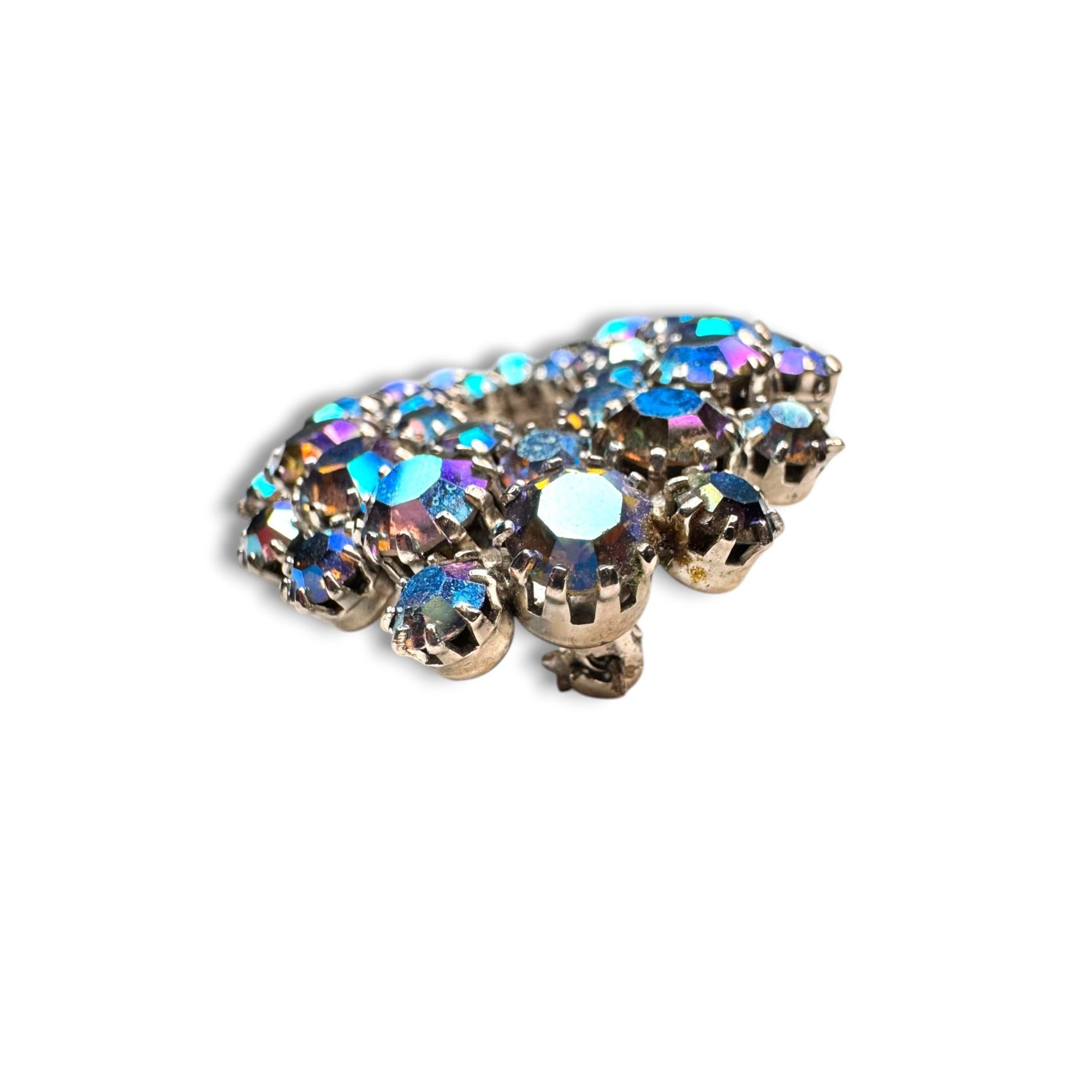 Blue AB Crystal Oval Wreath Brooch Prong Set Silver Tone Pin Stop 1950s Vintage