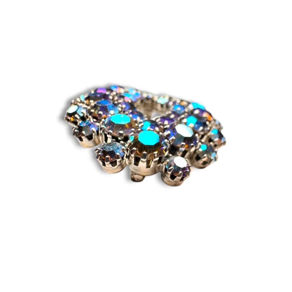 Blue AB Crystal Oval Wreath Brooch Prong Set Silver Tone Pin Stop 1950s Vintage