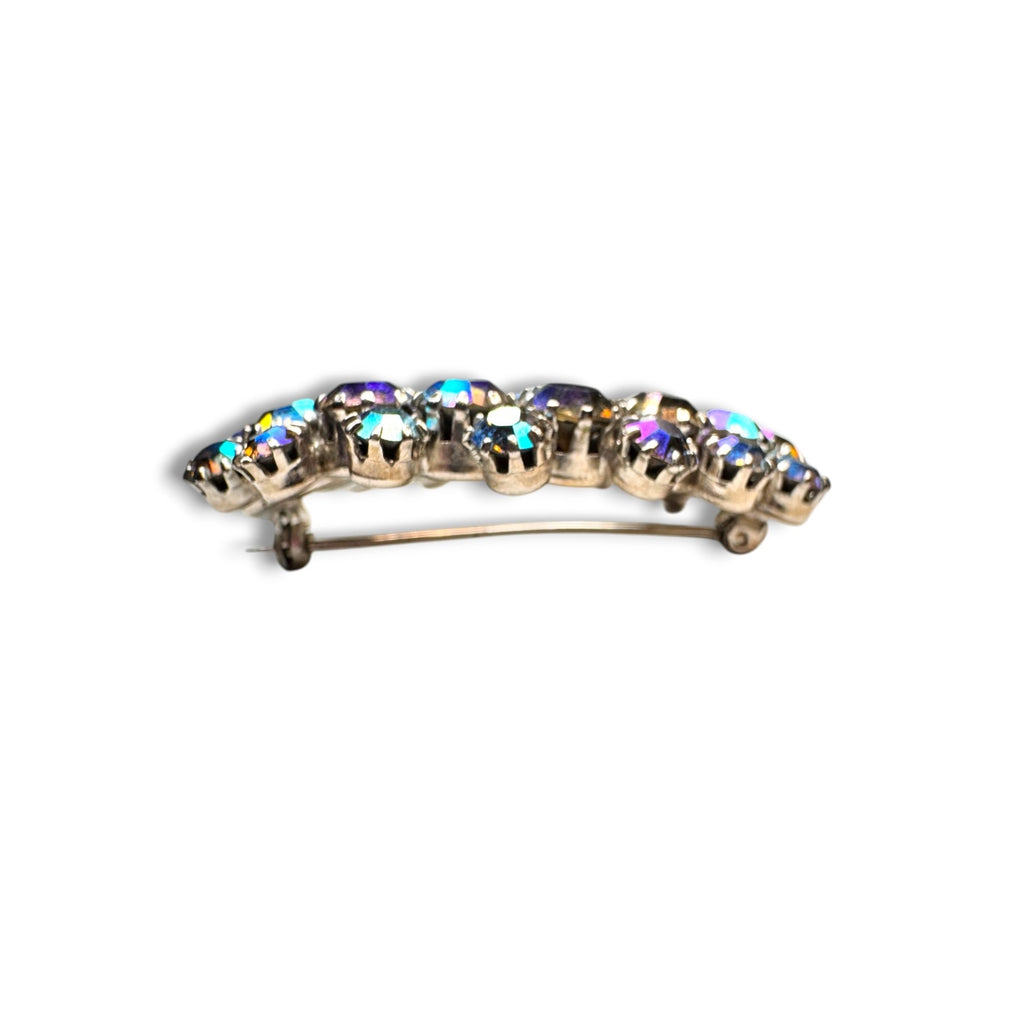 Blue AB Crystal Oval Wreath Brooch Prong Set Silver Tone Pin Stop 1950s Vintage