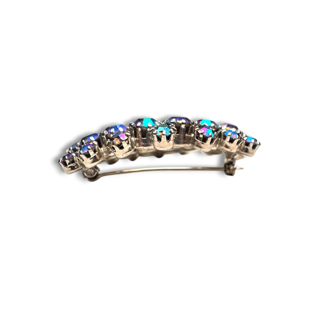 Blue AB Crystal Oval Wreath Brooch Prong Set Silver Tone Pin Stop 1950s Vintage