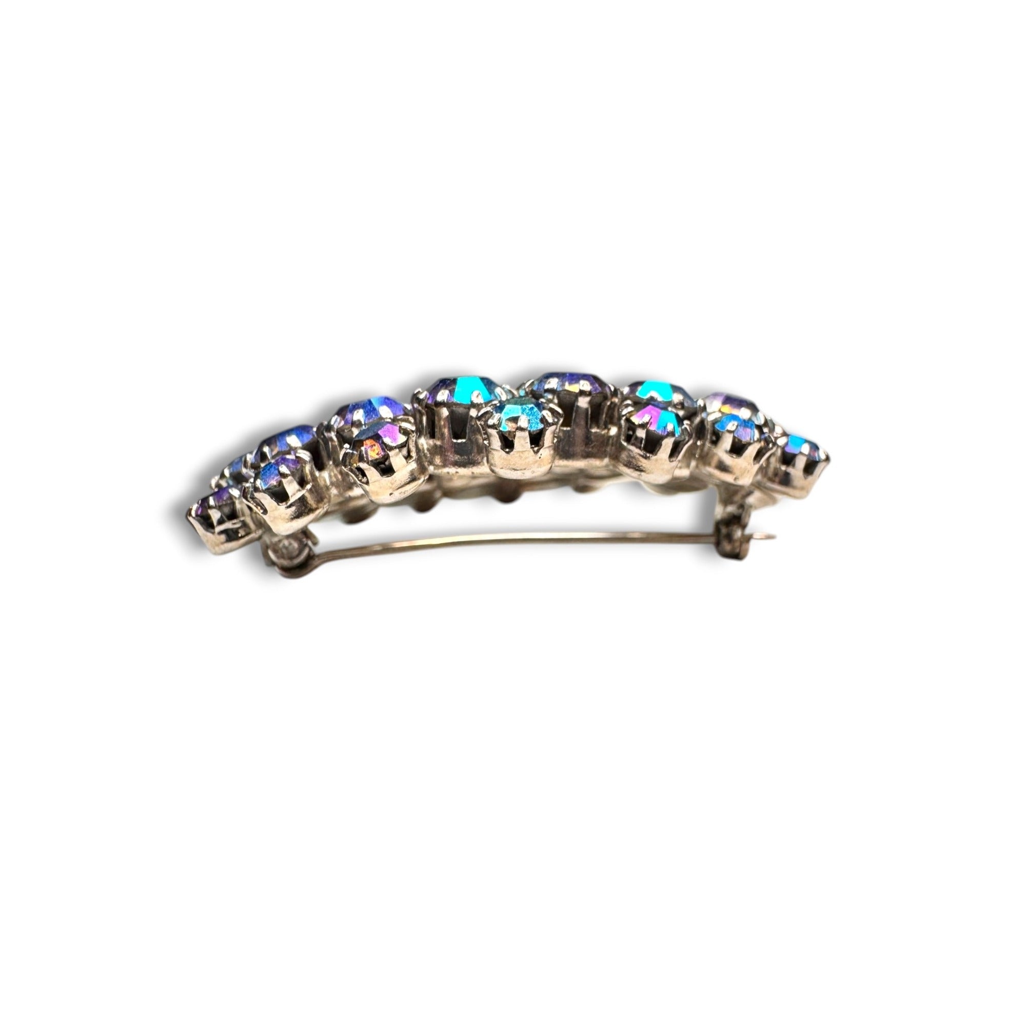 Blue AB Crystal Oval Wreath Brooch Prong Set Silver Tone Pin Stop 1950s Vintage