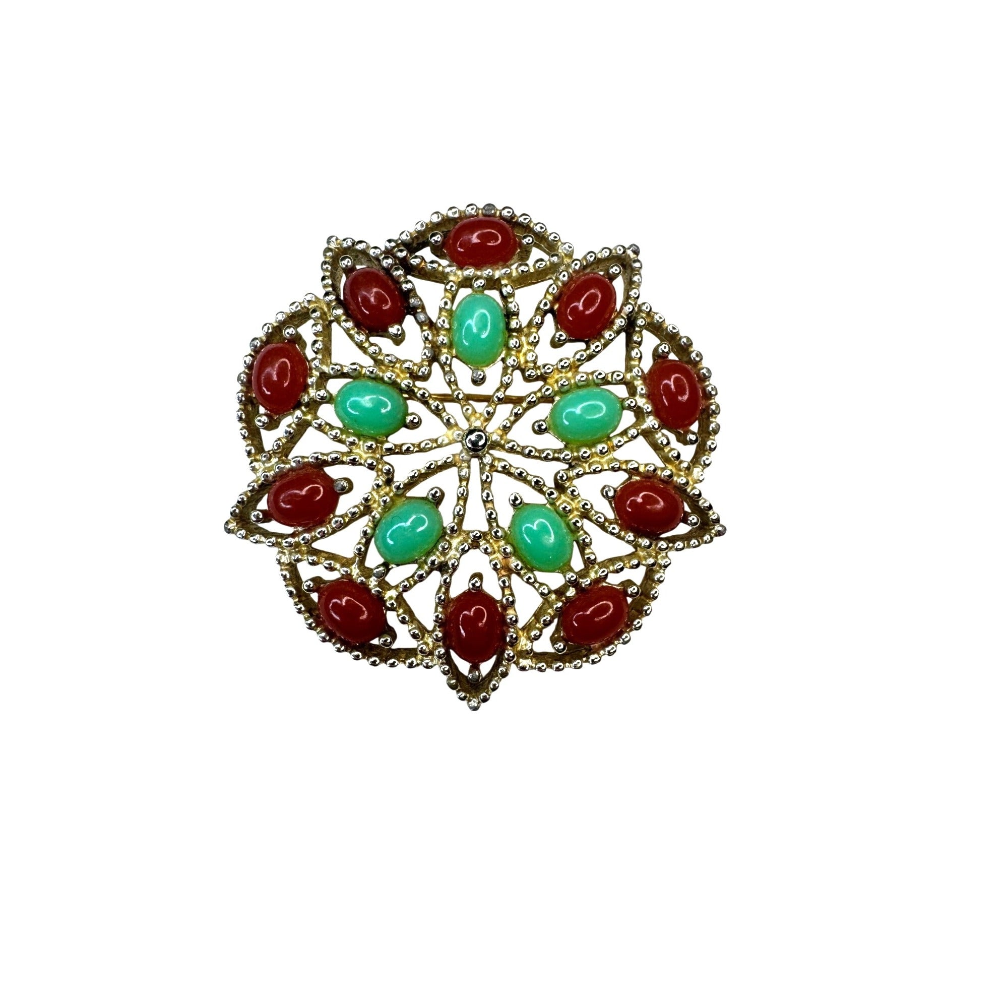 Sarah Coventry Gold Tone Red Green Cabochon Brooch 1.93" Vintage