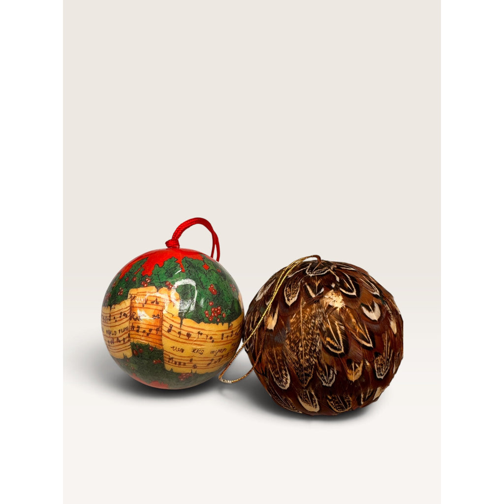 Paper Mache Sheet Music Pheasant Feather Ball Ornaments Lot of 2 Vintage 1990s
