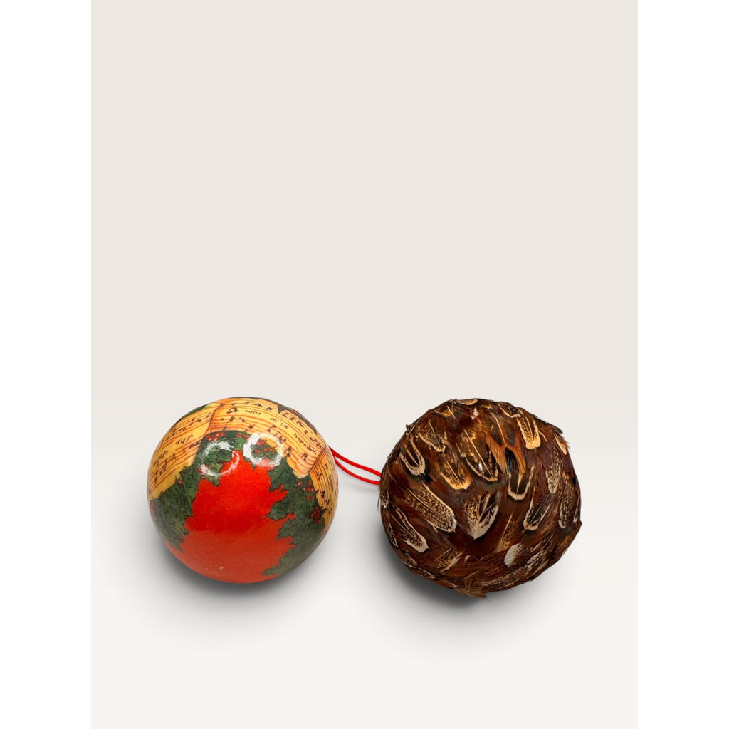Paper Mache Sheet Music Pheasant Feather Ball Ornaments Lot of 2 Vintage 1990s