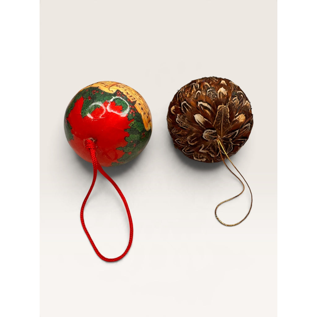 Paper Mache Sheet Music Pheasant Feather Ball Ornaments Lot of 2 Vintage 1990s