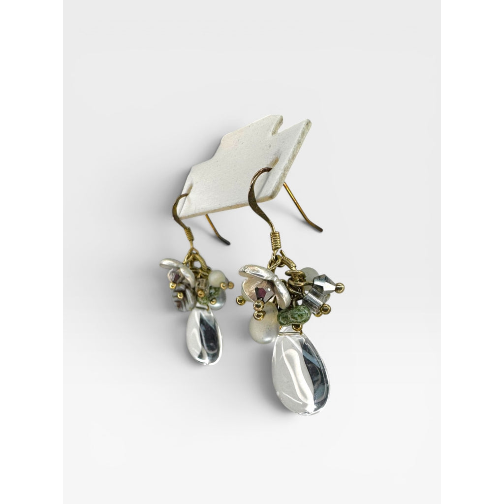 Glass Crystal Cat Eye Cluster Dangle Earrings Gold Tone Modern