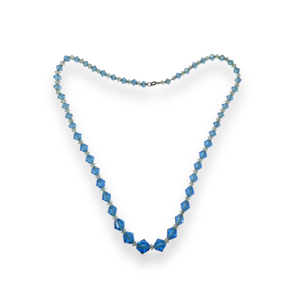 Blue Clear Crystal Beaded Necklace Sterling Silver Spring Ring Clasp Vintage