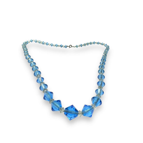 Blue Clear Crystal Beaded Necklace Sterling Silver Spring Ring Clasp Vintage
