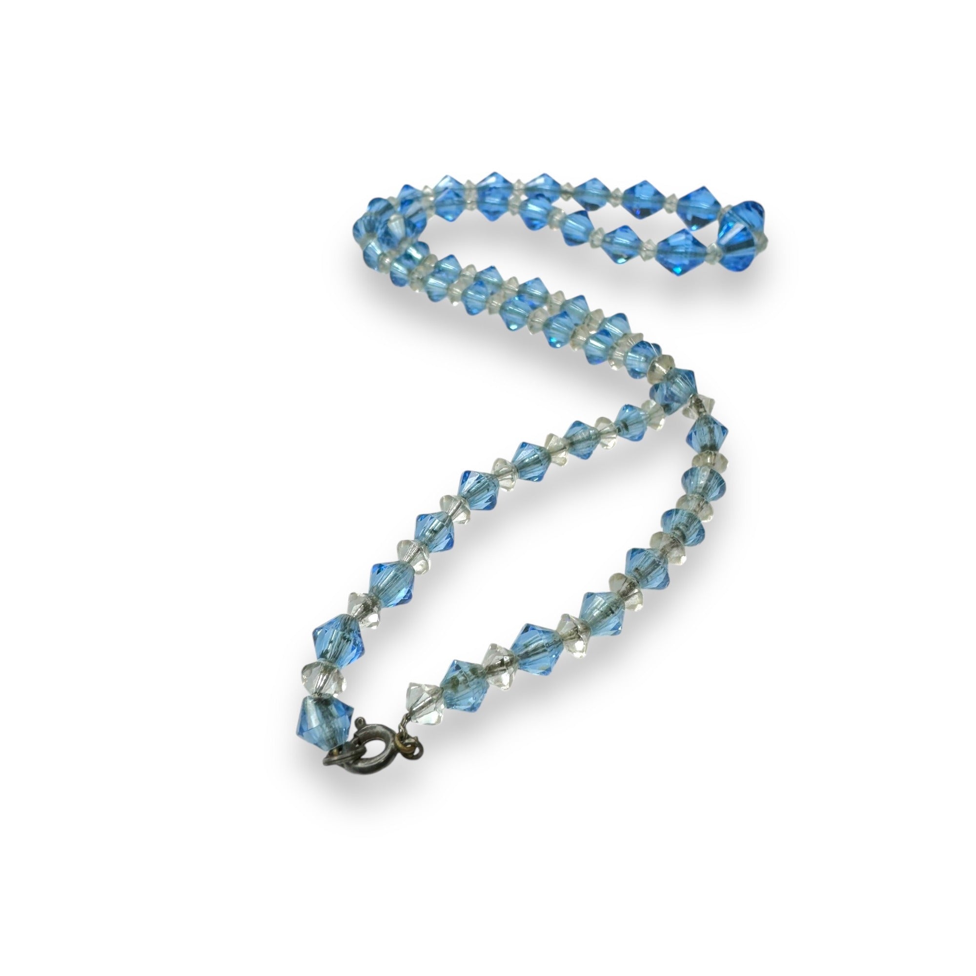 Blue Clear Crystal Beaded Necklace Sterling Silver Spring Ring Clasp Vintage