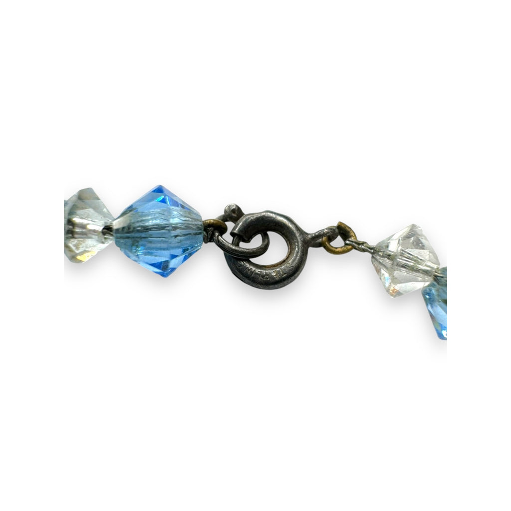 Blue Clear Crystal Beaded Necklace Sterling Silver Spring Ring Clasp Vintage